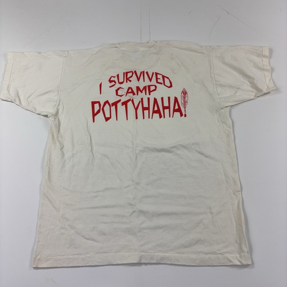 Vintage Camp Pottyhaha Shirt Mens XL White I Survived Graphic Indian Chief